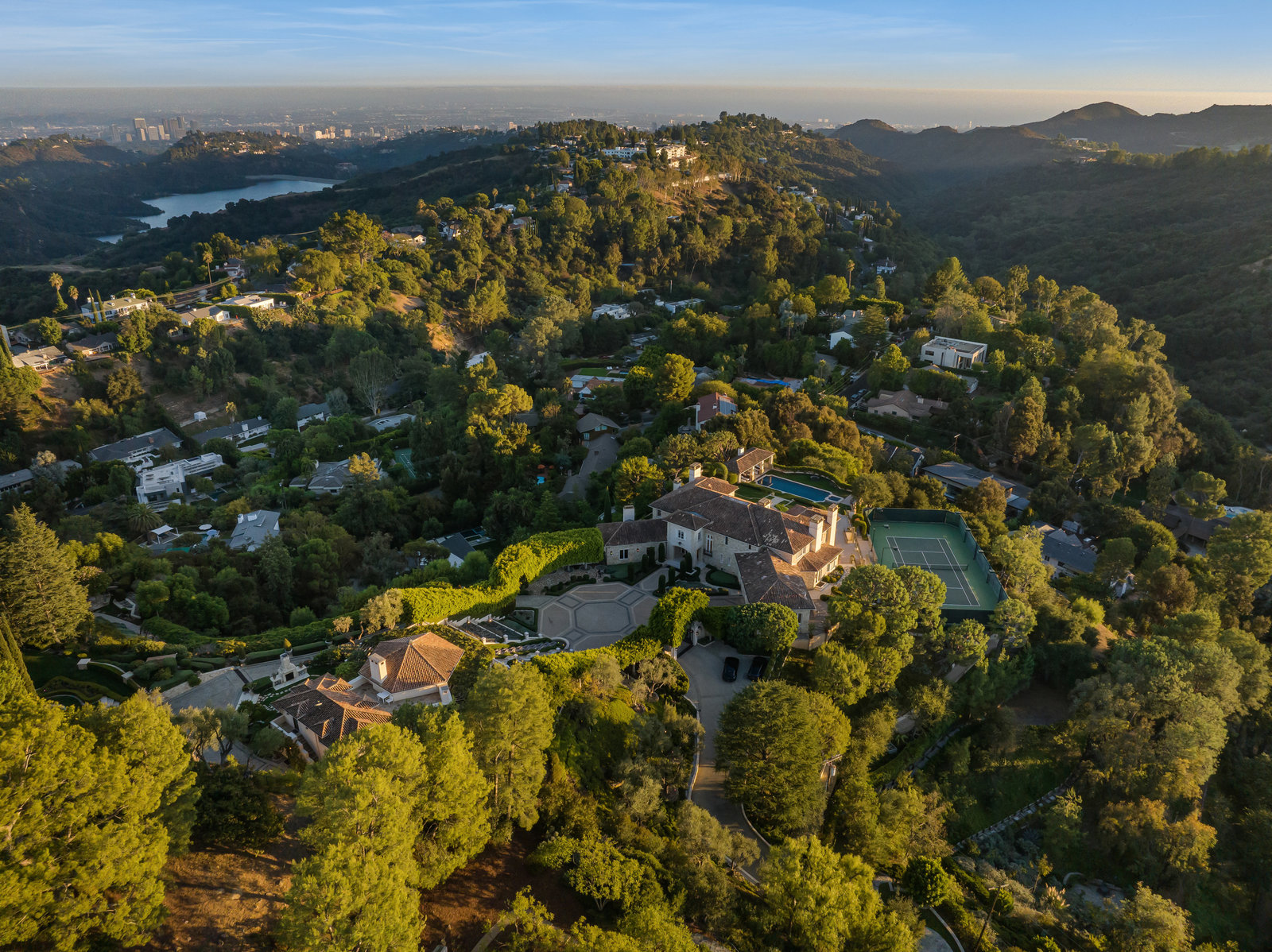 Aerial view of the estate and Los Angeles horizon