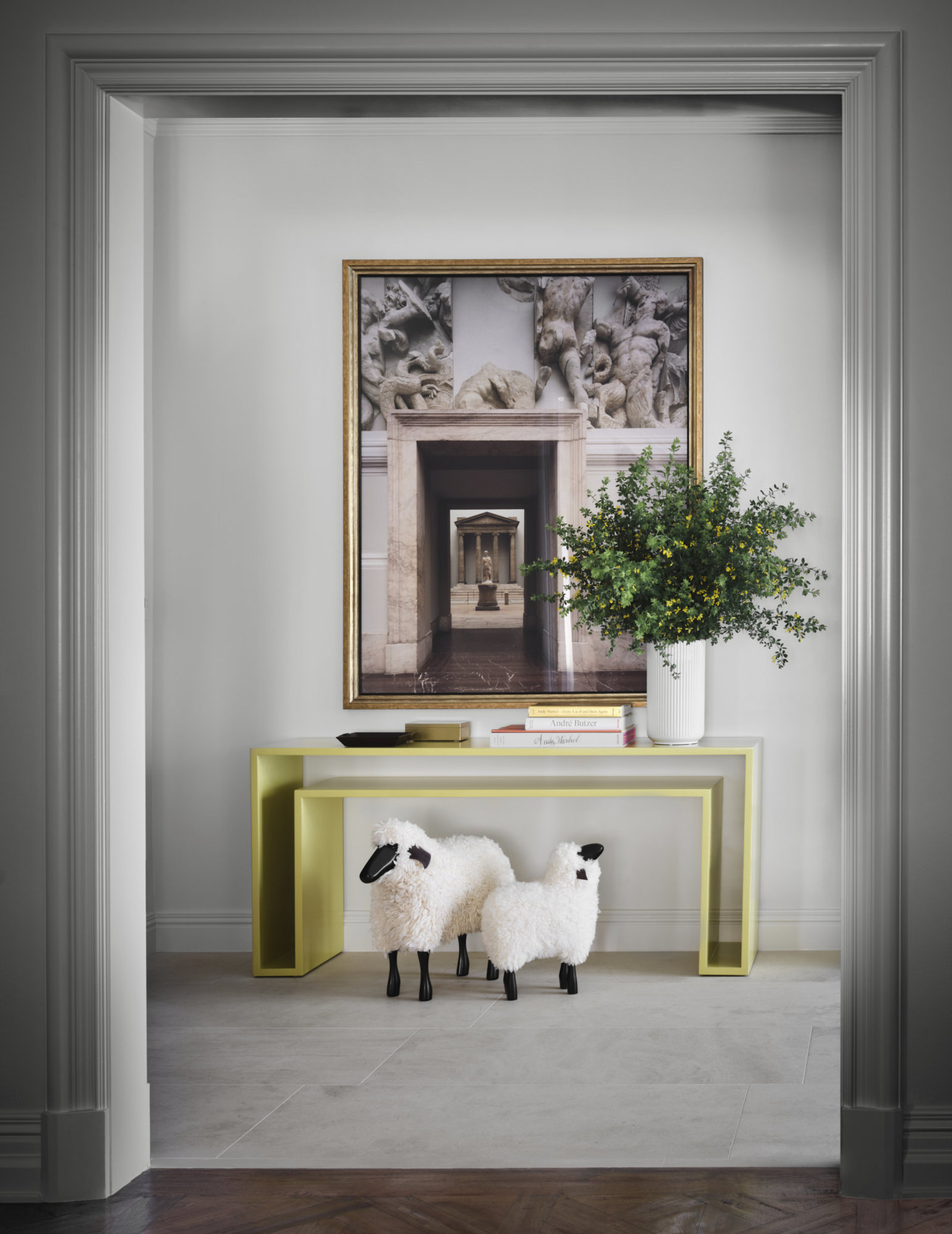Formal art vignette with console